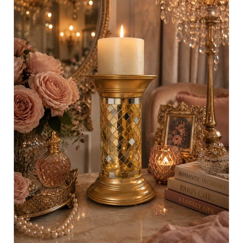 Vintage 90s PartyLite Gold Mosaic Column 9" Pillar Candle Holder Romantic Boho